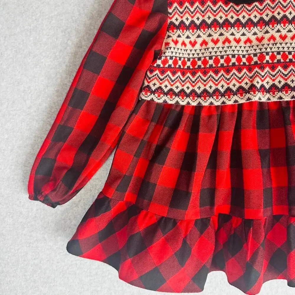 Bonnie Baby Girls Sz 4T Dress Buffalo Plaid Red Black Long‎ Sleeve Button